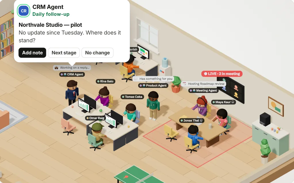 Virtual Hirix 3D office with teammates and AI agents at their desks